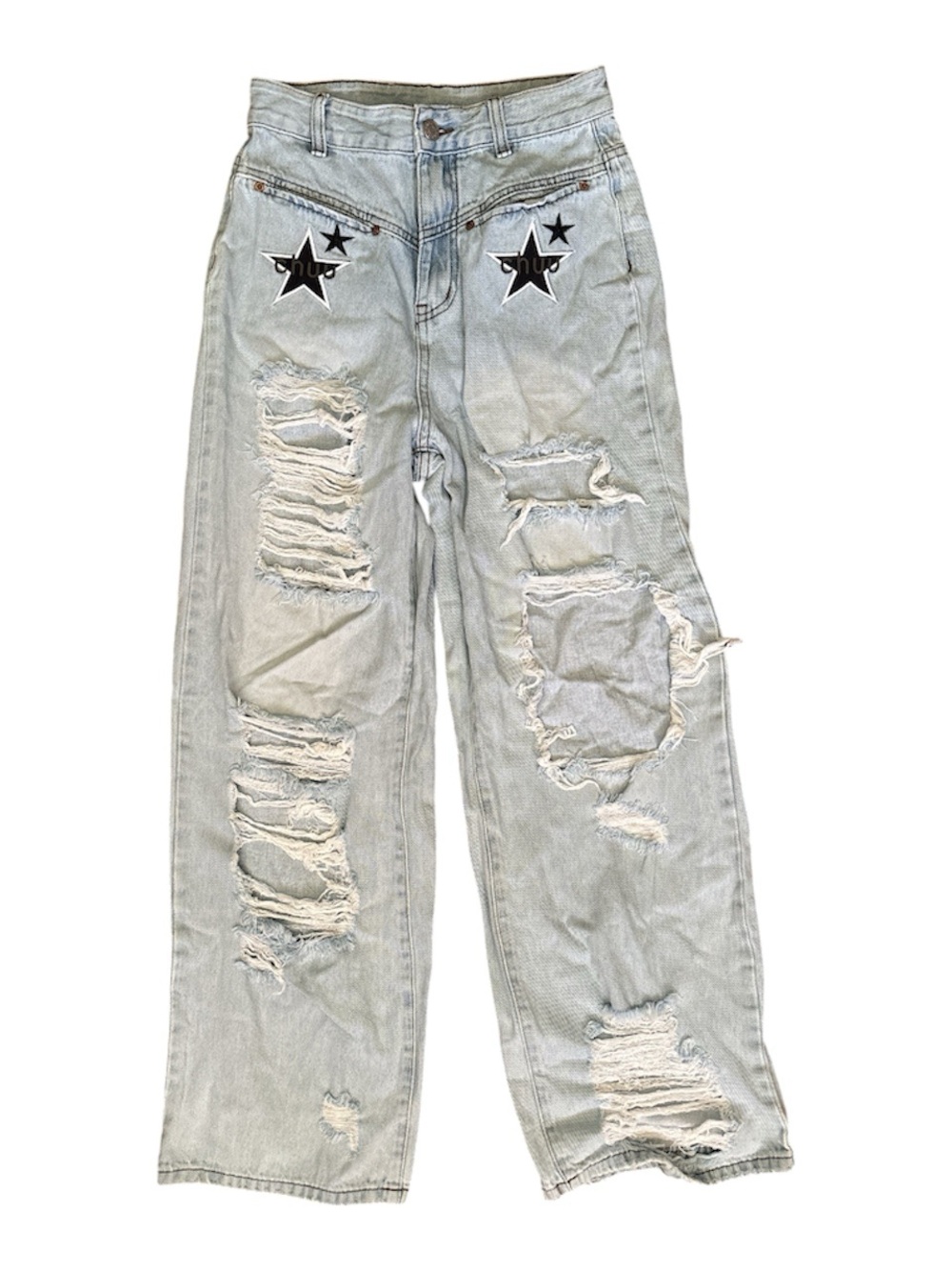 Chuu Distressed Star Patch Straight Leg Light Wash Jeans Size 27